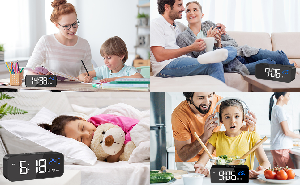 Цифровий годинник MOSUO з LED-дисплеєм, USB-зарядка, показник температури, голосове керування, 2 будильники, відкладений сигнал, регулювання яскравості та гучності (Чорний)