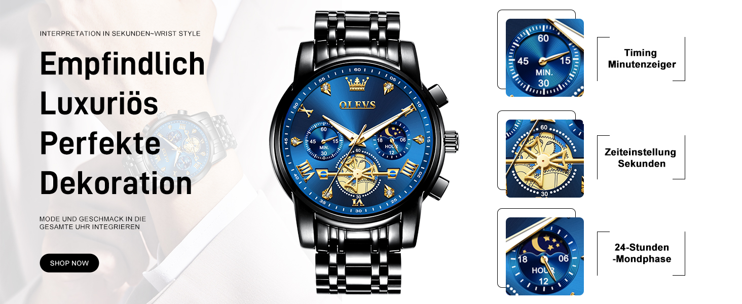 Годинник чоловічий OLEVS з металевим браслетом, кварцовий, з місячною фазою, хронограф, водостійкий, з нержавіючої сталі (2856 Blue / Black)