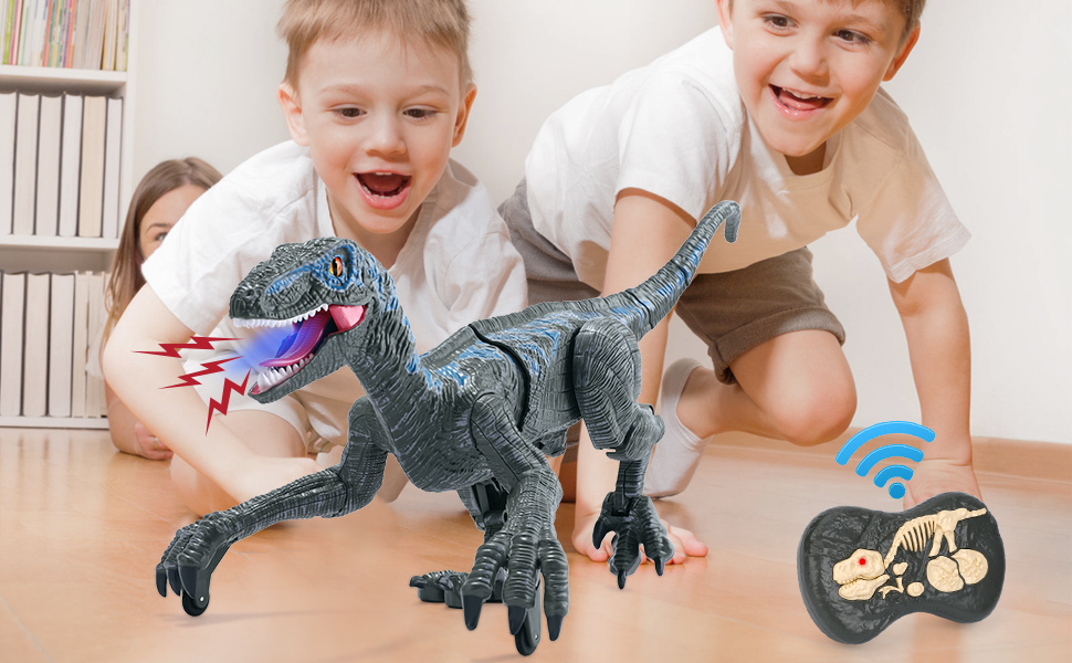 Дитяча іграшка-динозавр на радіоуправлінні Velociraptor, електронний, з LED підсвіткою та реалістичними звуками, 2.4 ГГц, подарунок для дітей, сірий