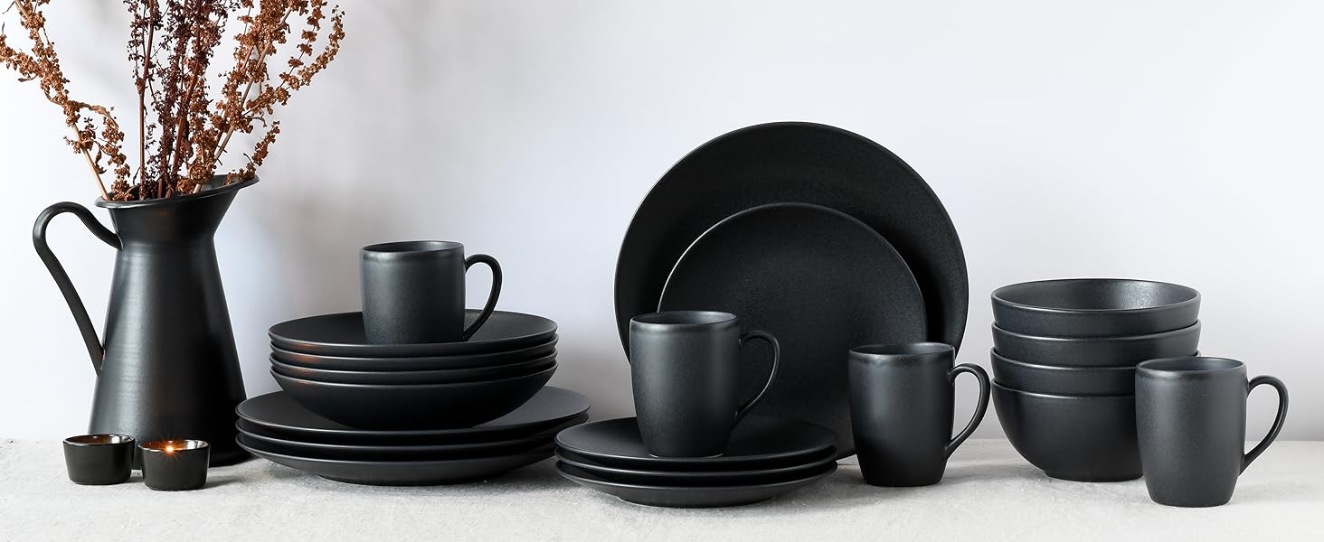 CreaTable Серія SOFT TOUCH BLACK: 20-Piece Geschirrset з порцеляни, для посудомийної машини та мікрохвильової печі, виготовлено в Португалії