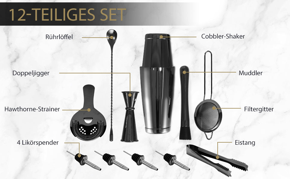 Набір шейкерів для коктейлів YXT&BEYOND Premium, 12 шт., нержавіюча сталь 304, чорний, для дому та барів, з подарунковою коробкою