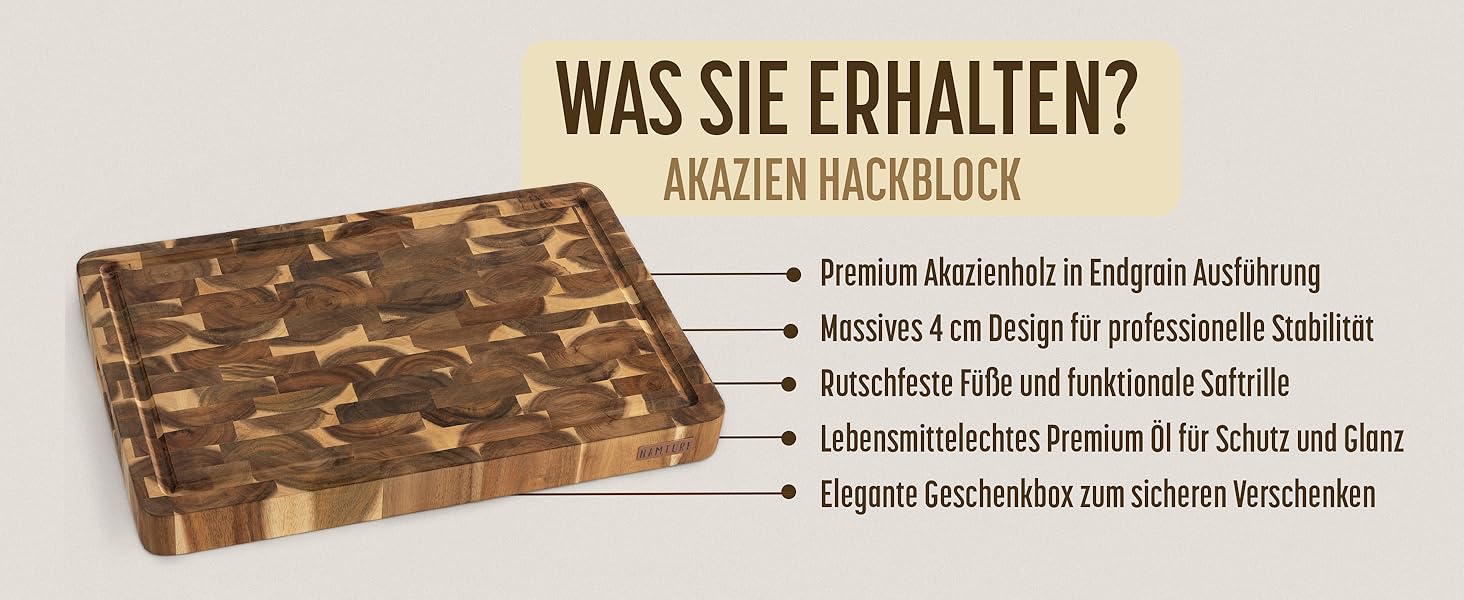 Дерев'яний обробний дошка Hackblock Classic з акації, 45 x 30 см, з канавкою для соку, преміум-якість