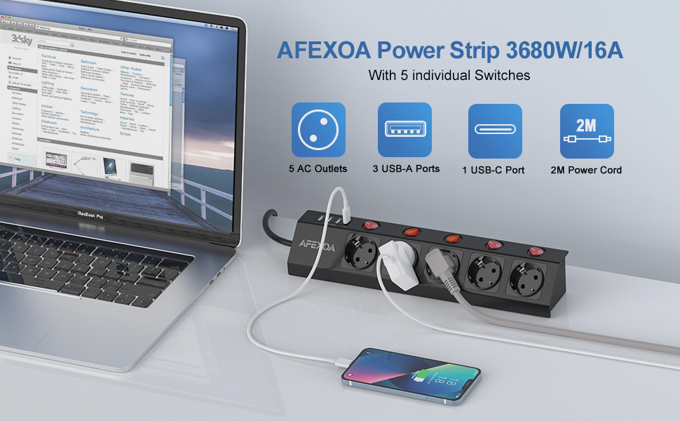 Многорозеткова смуга з 5 розетками та USB, біла, 3680W/16A, з USB-C та USB-A, швидка зарядка, захист від перенапруги, дитячий замок, для дому та офісу
