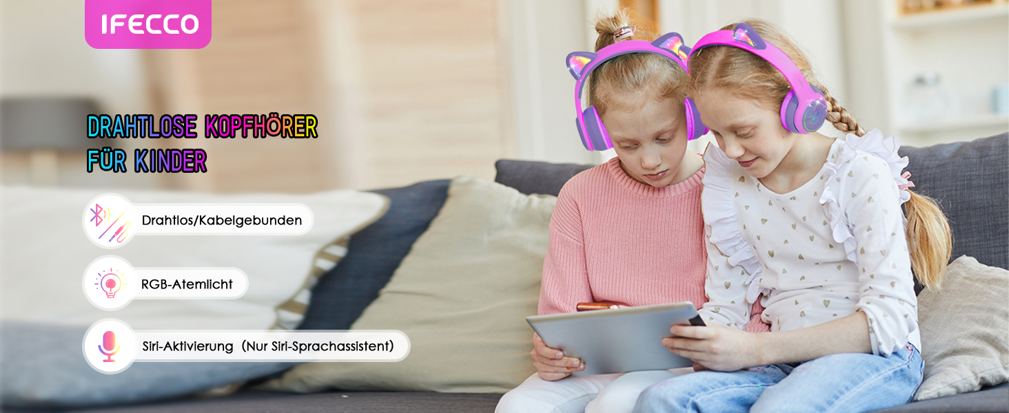 Бездротові навушники IFecco для дітей з мікрофоном, Bluetooth, LED-підсвітка, котячі вушка, рожево-фіолетові, для iPad/планшету/телефону/школи