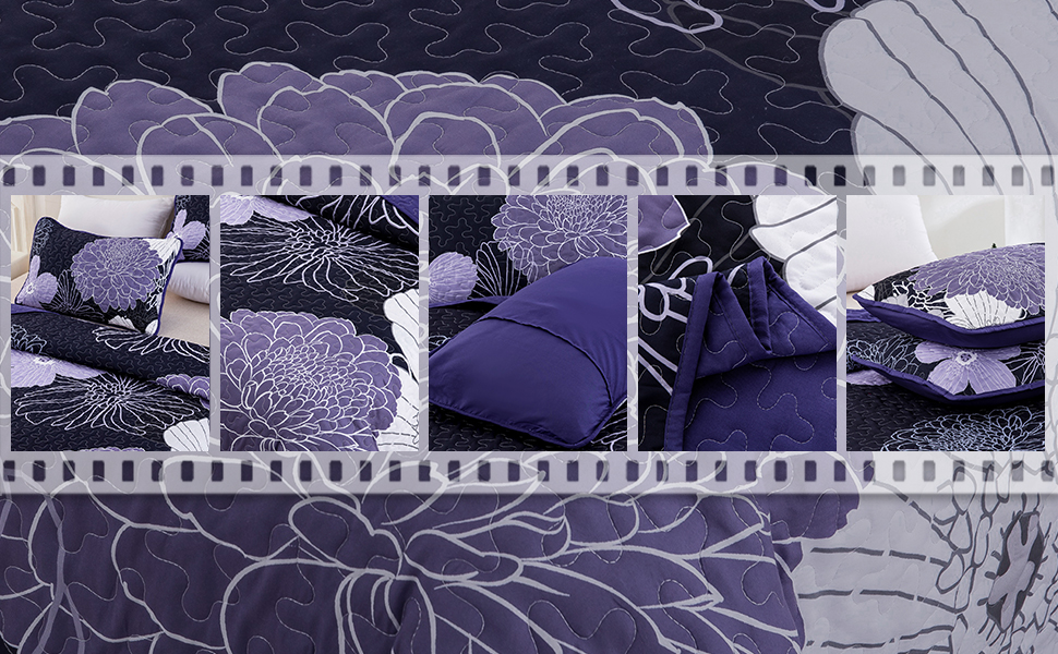 Покривало WONGS BEDDING 220x240 см, лілове, квітковий принт, мікрофібра, літнє стьобане покривало для двоспального ліжка + 2 наволочки 50x75 см