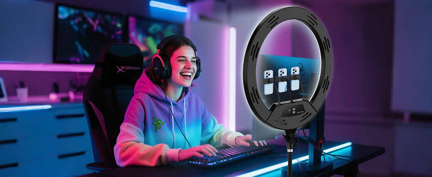 Кільцеве світло 22 дюйма з штативом 175 см, LED дисплей, 2 USB порти, регульована яскравість, для фото та відео, TikTok, макіяж, тату, б'юті-блогер, стиліст, барбер, фотограф, чорний