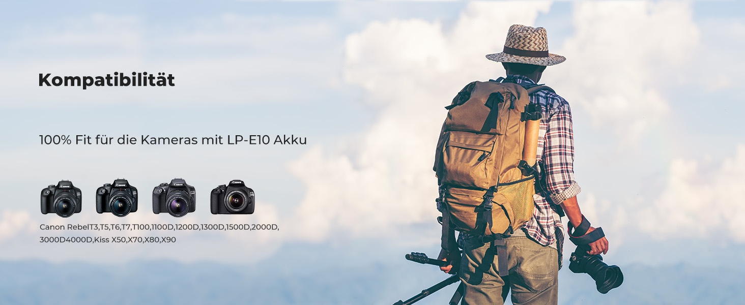 Набір акумуляторів K&F CONCEPT LP-E10 (3 шт.) з LCD-зарядним пристроєм для Canon EOS Rebel T7, T6, T5, T100, Kiss X50, X70, X80, X90, 1100D, 1200D, 1300D, 1500D, 2000D