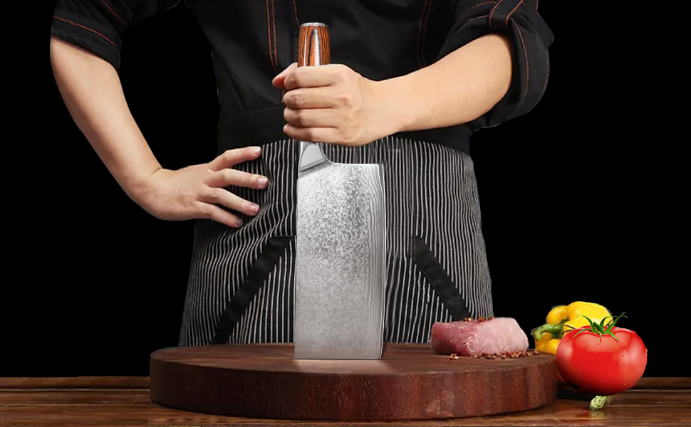 Ніж кухарський Дамаск Шарф: професійний ніж для м'яса з дамаської сталі, ручна робота, з антиковзним дерев'яним руків'ям, у подарунковій коробці