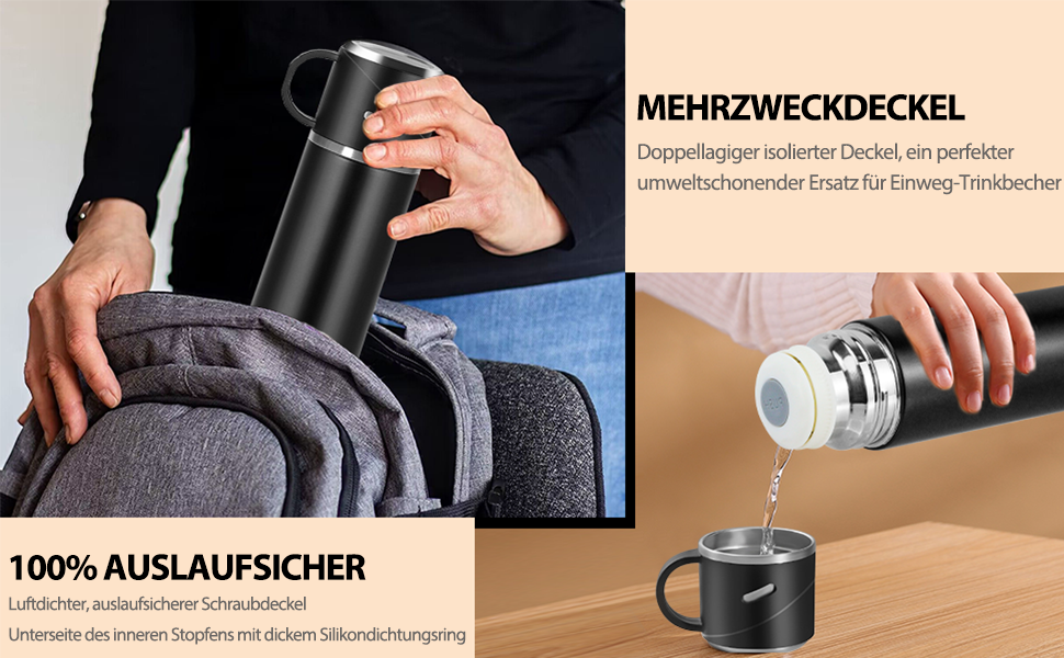 Термос IAGORYUE з нержавіючої сталі, 0,55л, з ізоляцією, витокозахисним кришкою та ручкою, двостінний, зберігає тепло/холод до 12 годин, для спорту, офісу, відпочинку на природі, чорний