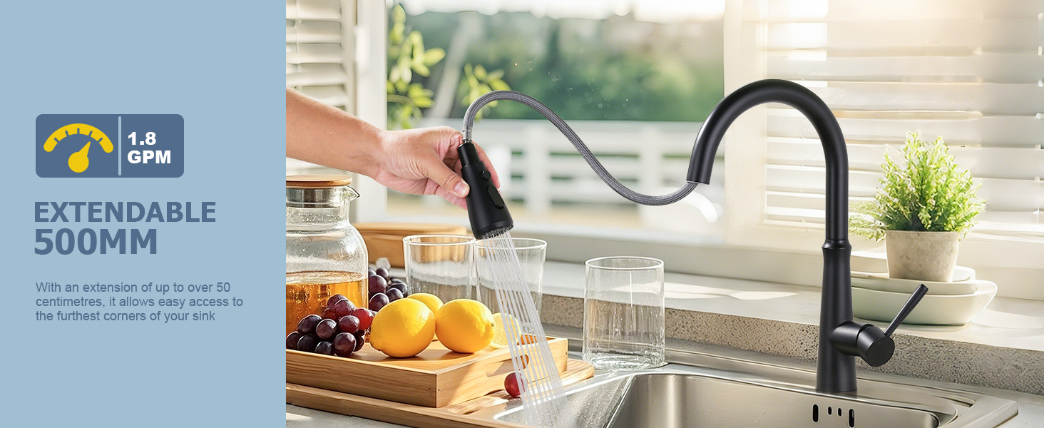 Кран кухонний iVIGA висувний з душем, водоспад, 360° поворот, мікшер, 3 режими, брашований нікель