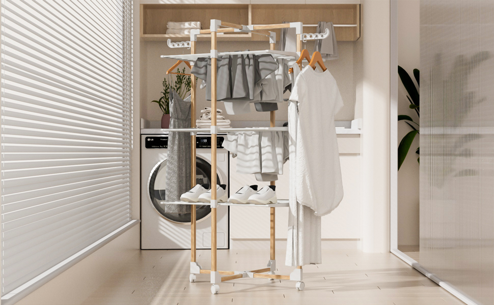 Сушарка для білизни VOUNOT Tower 3 рівні, складана, біла, з колесами - 25м, імітація дерева