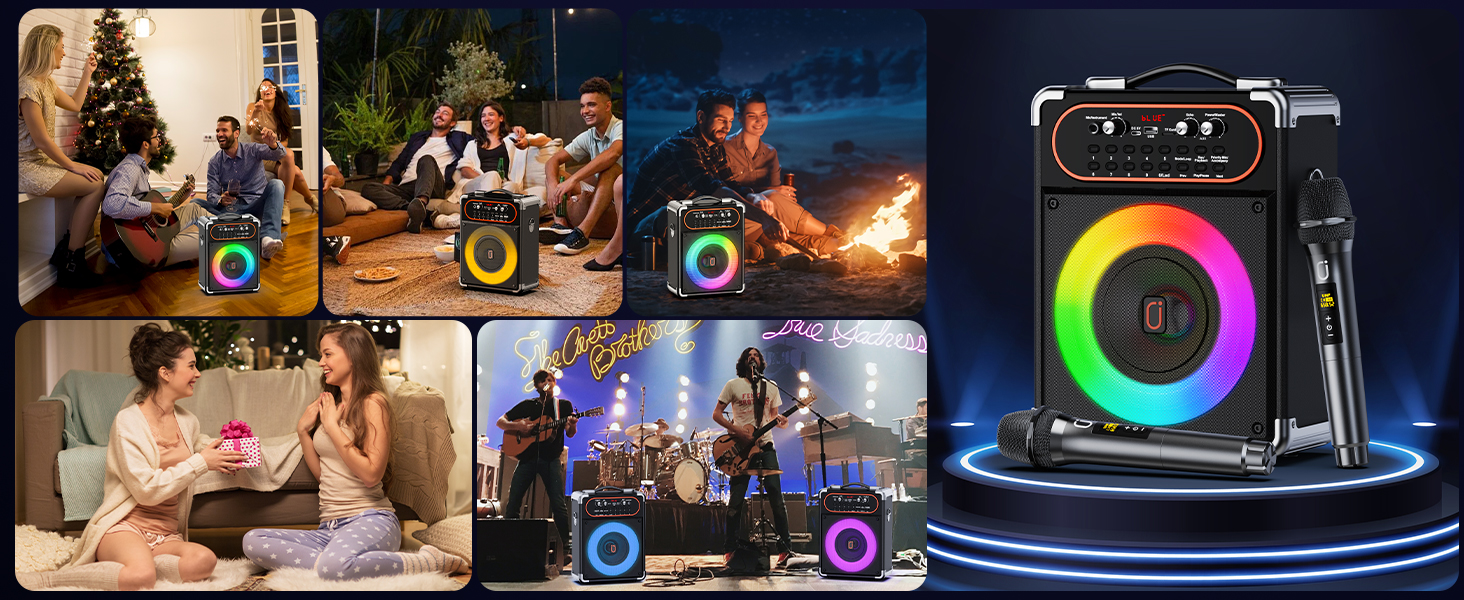 Караоке машина з 2 мікрофонами, портативна Bluetooth колонка з LED-підсвічуванням, Party Box, підтримує USB/TF-картку/AUX/FM, чорний S-68