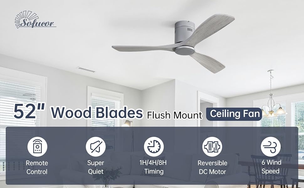 Стелянка вентилятор Sofucor з пультом керування, дерев'яна стельова вентиляція з 3 лопатями, 132 см, тиха, 6 швидкостей, таймер, DC двигун, режим літо-зима для спальні (Без світла + Flush Mount, сірий колір дерева)