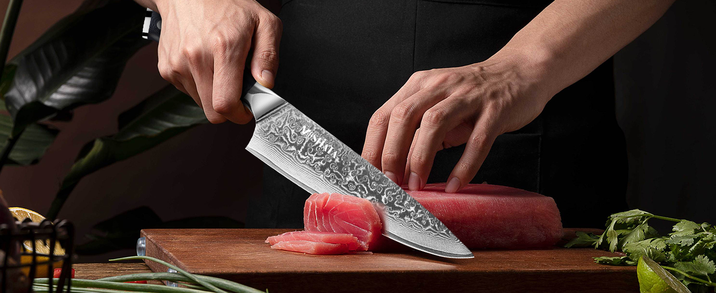 MOSFiATA 8-Inch Damascus Steel Chef's Knife Set - Japanese Kitchen Knives with Sharp Edge, Finger Guard & Sharpener - Professional Meat & Vegetable Knife Set (5-Piece)