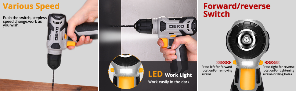 Акумуляторний шуруповерт-дрель DEKOPRO 8V 42шт з аксесуарами: ударний, LED-підсвітка, 12Nm, регулювання швидкості, для ремонту будинку (сірий)