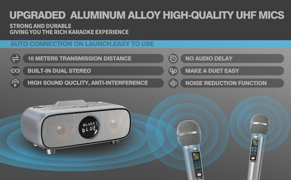 Караоке машина DLARA з Bluetooth, 2 UHF мікрофони та підтримка USB/TF карт, портативна для дорослих та дітей, PA-система, блакитна (сірий про)