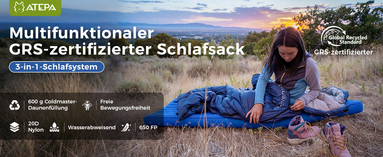 Спальний мішок ATEPA Elements Daunen 0°C, 3-в-1, ультралегкий, прямокутний, комфорт 4°C / ліміт -1°C, з компресійним мішком, для походів, кемпінгу та рюкзакових подорожей, Navy