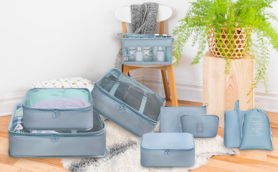 Органайзер для валізи OSDUE, набір 9 шт: кубики для пакування, водонепроникні сумки для одягу, косметичка, кишеня для USB-кабелів (бежевий)