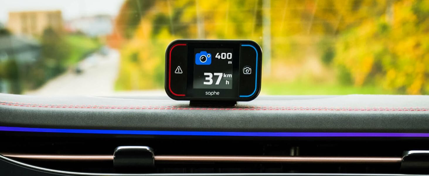Радар-детектор Saphe Drive Pro для авто з кольоровим дисплеєм, сумісний з CarPlay та Android Auto, сповіщення про радари і небезпеки, дані Blitzer.de, підписка на 12 місяців