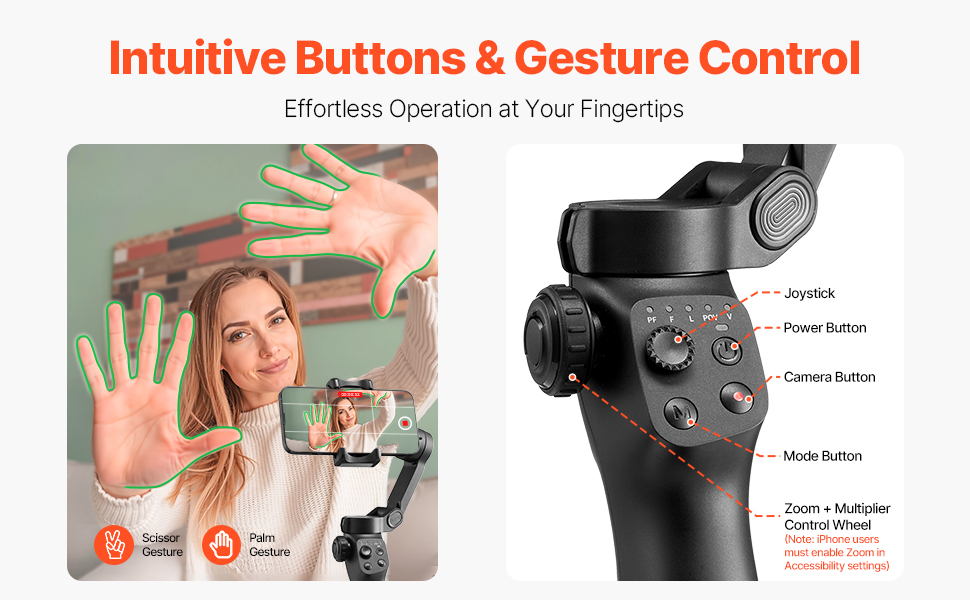 Стабілізатор для смартфона VEVOR з 3-осьовою стабілізацією, трекінг облич/об'єктів, штатив, портативний та складаний, для відеозйомки, DC 3,5–4,2V, без підсвічування, підтримка додатків