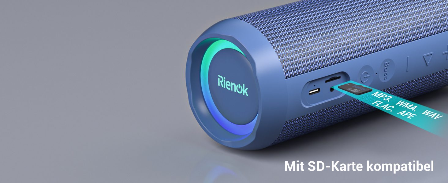 Bluetooth портативна колонка RIENOK з підсвічуванням, IPX7, 3600 mAh, баси, стерео звук (Блакитний)