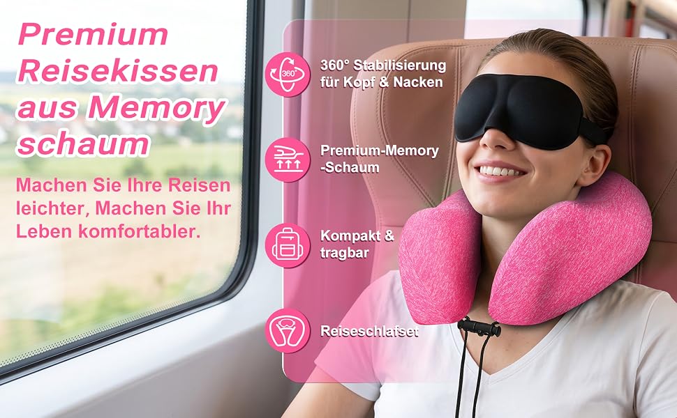 Подушка для подорожей Kobete з ефектом пам'яті (Memory Foam) для шиї, набір для сну в літаку, авто, поїзді: 3D-маска для сну, беруші та сумка (Рожевий)