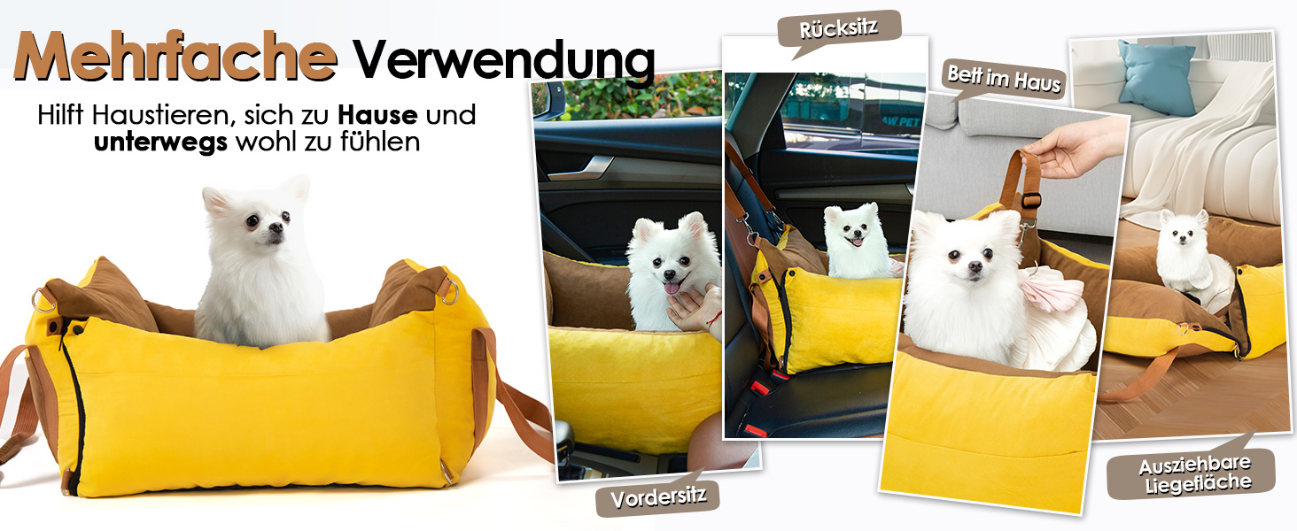 Portable Dog Car Seat for Small & Medium Dogs Under 15KG - Washable Travel Bed with Storage & Safety Belt (Green & Yellow)