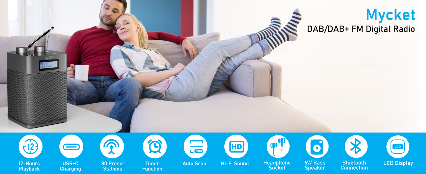 Портативне DAB/DAB+ радіо з цифровим UKW радіоприймачем, FM радіо з Bluetooth 5.0, USB, 80 попередніх станцій, LED дисплеєм сірого кольору