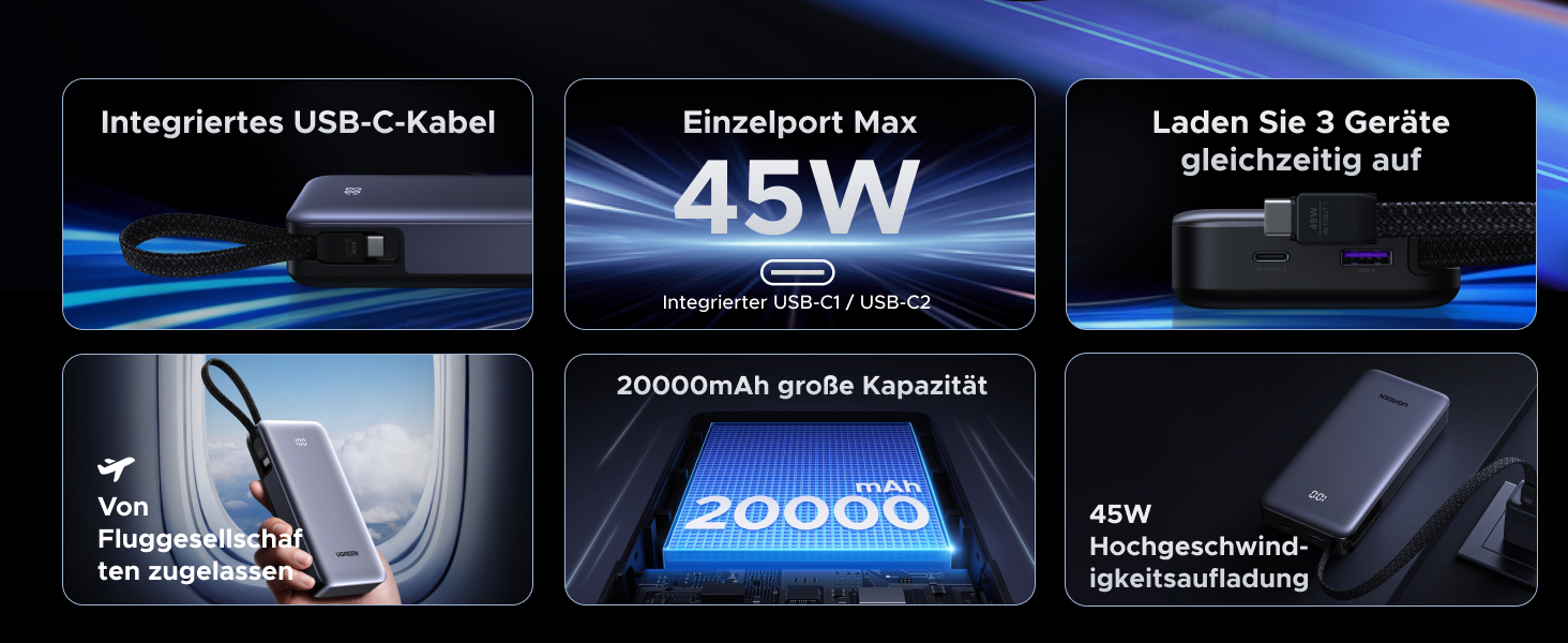 Power Bank UGREEN 20000mAh 45W з USB-C кабелем та швидкою зарядкою PD, сумісний з iPhone, iPad, Samsung Galaxy, ноутбуками
