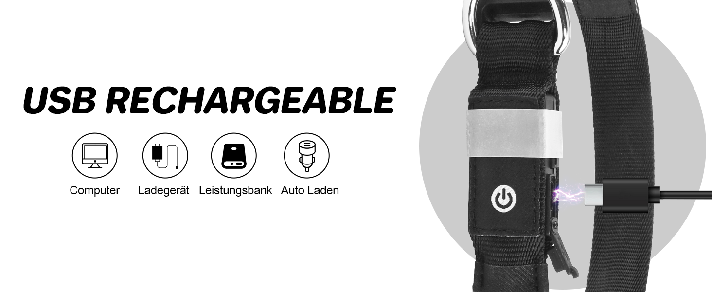 LED-нашийник для собак з підзарядкою USB, вологостійкий, регульований, 3 режими, для малих, середніх та великих собак (Чорний, L(48-60см))