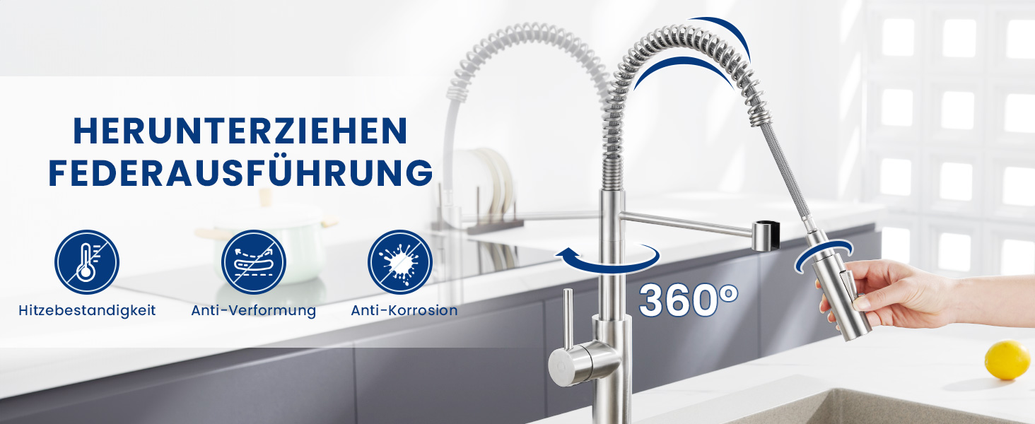 Змішувач кухонний CECIPA з витяжною насадкою, висувний, з двома режимами струменя, поворотний на 360°, одноlever, нержавіюча сталь, срібло