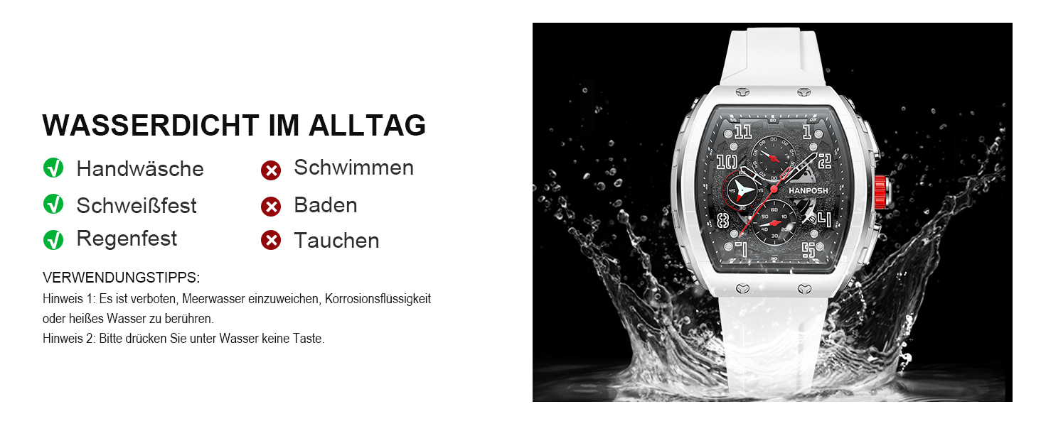 HANPOSH Чоловіжі годинники: аналогові кварцові годинники для спорту та тактики, водонепроникні, чорно-білі