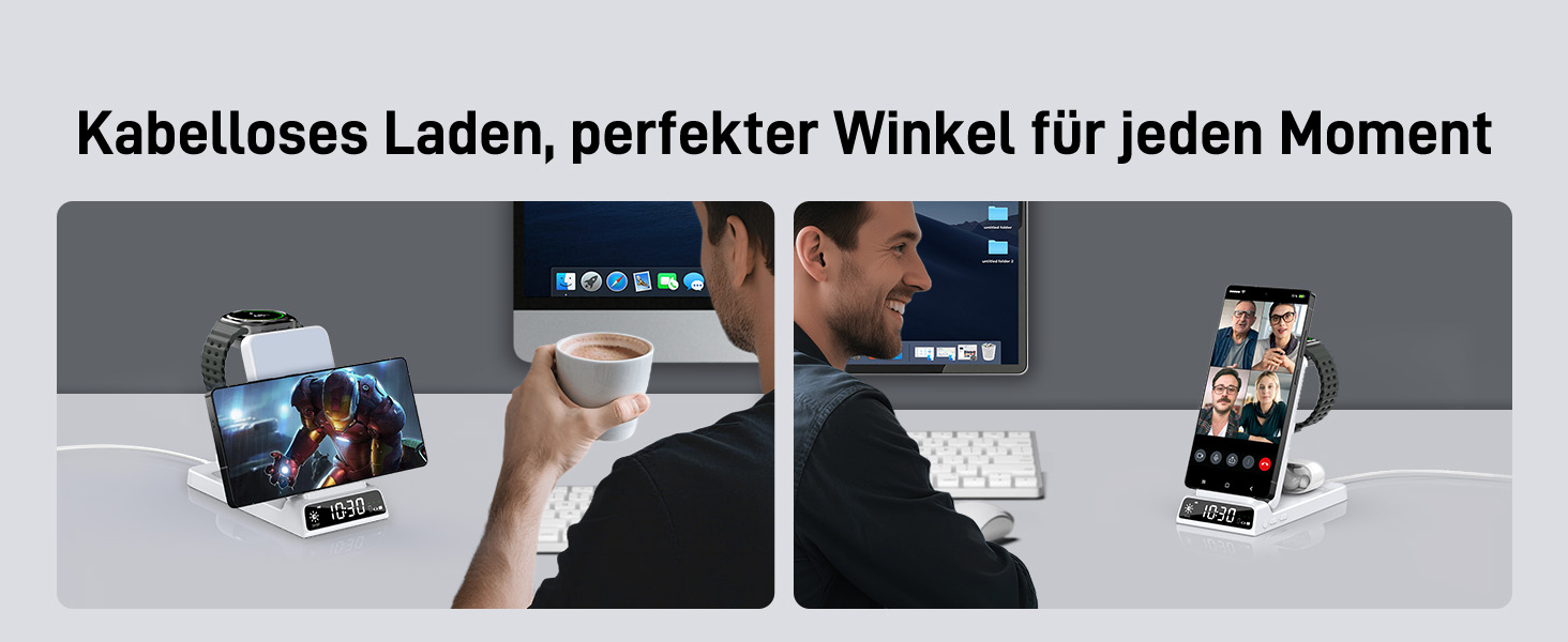 Бездротова зарядка для Samsung з годинником: станція для Galaxy S25 Ultra/S24/Z Fold 6/Flip 7/Bud, Watch, серій 8/7/6/5Pro, 3 в 1, сірий (білий)