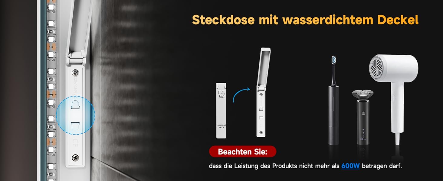 Дзеркало для ванної кімнати SONNI з LED-підсвічуванням, 100 x 60 см, антизапарник, IP44, сенсорне керування, 3 кольори світла, білий
