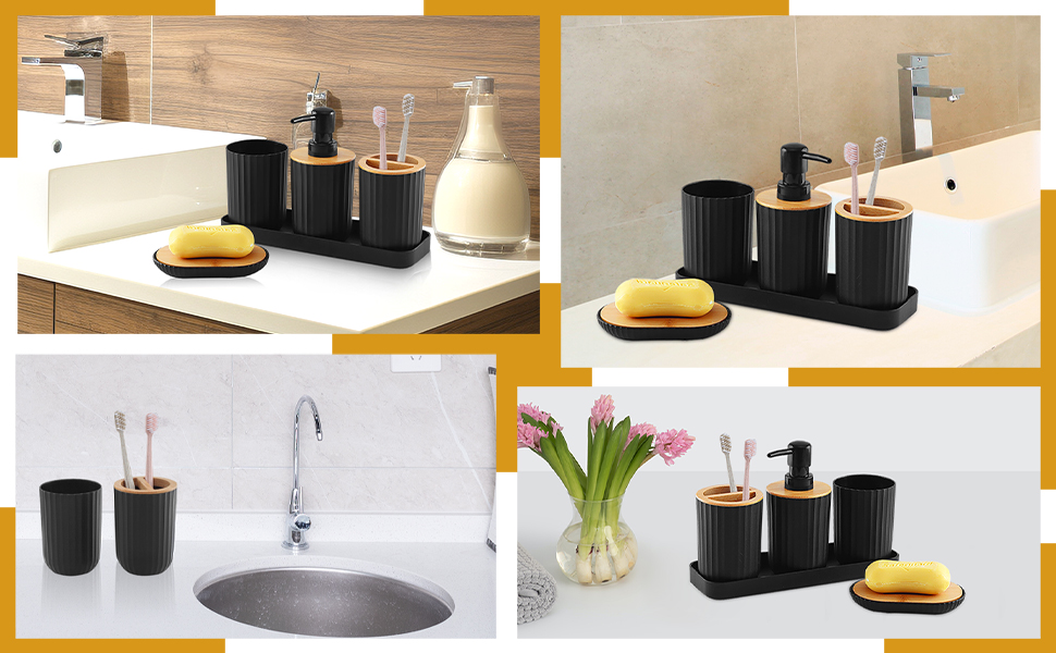 Чорний набір аксесуарів для ванної кімнати (5 шт.): мильниця, стакан, дозатор мила, тримач для зубних щіток, пластик