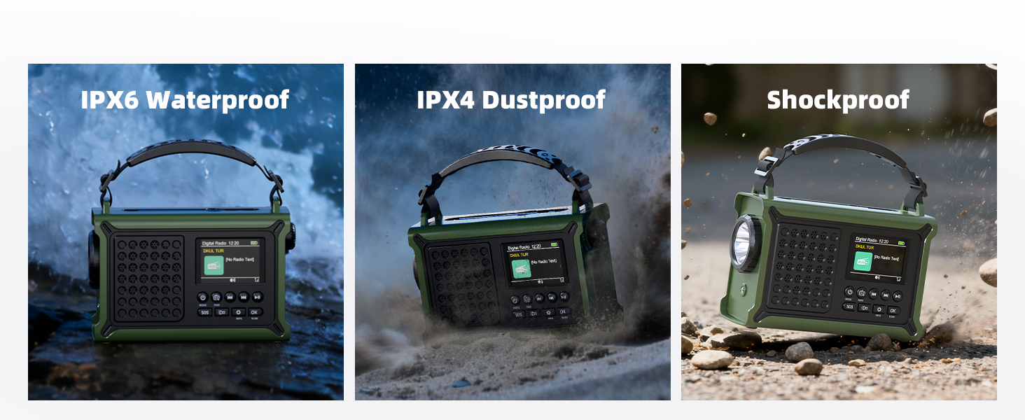 Радіоприймач Kurbelradio з DAB/DAB+/UKW, сонячною панеллю 8500 мм², акумулятором 12000 mAh та ручним генератором 650 mA. Радіо з Bluetooth 5.0, ліхтарик, зарядний пристрій USB, для кемпінгу та надзвичайних ситуацій (зелений)