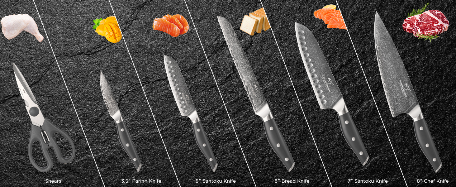 Набір кухонних ножів NANFANG BROTHERS Damascus 7 предметів з підставкою, нековзна ручка ABS, високоякісна нержавіюча сталь, ніж шеф-кухаря, хлібний ніж, ніж сантоку, ніж для очищення, ножиці