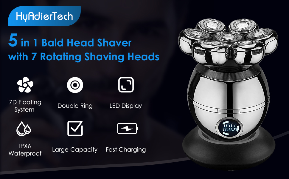 Електричний бритва для голови та бороди Glatzen 5-в-1 з 7 плаваючими головками, IPX6 водонепроникний, тример для носа та вух, LED-дисплей