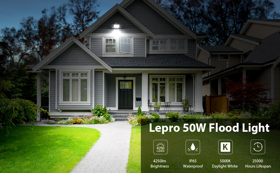 LED прожектор Lepro 50W, 4250 Лм, IP65, 5000K, комплект 2 шт. Вуличний водонепроникний світильник для саду, двору, гаража, готелю, спортивного майданчика