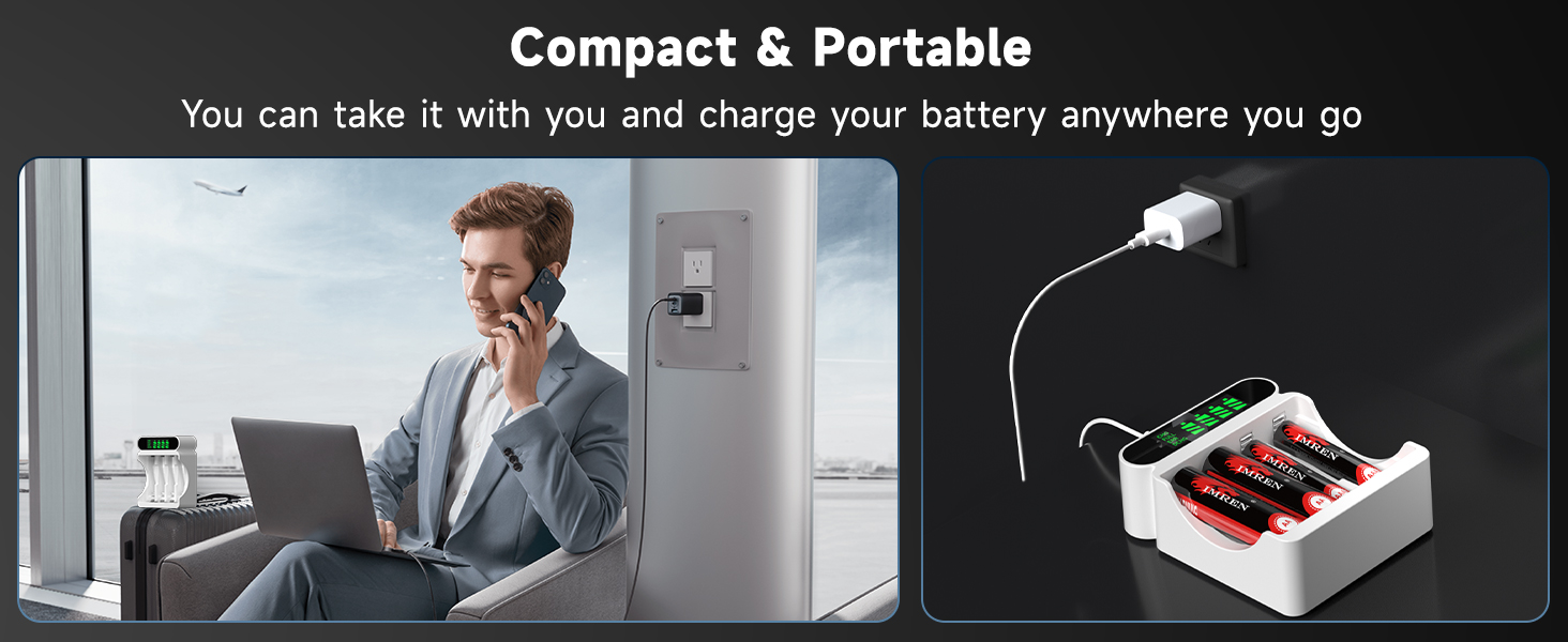 Зарядний пристрій IMREN для акумуляторів NiMH/NiCD з 4 слотами, LCD дисплеєм, Type-C та Micro USB входами (AA, AAA)