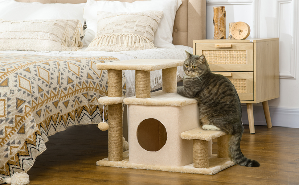 Сходинка для собак та котів PawHut з 3/4 ступенів, 66 см, з гніздом, м'ячиком, для середніх тварин, підходить для ліжка, дивану, бежевого кольору