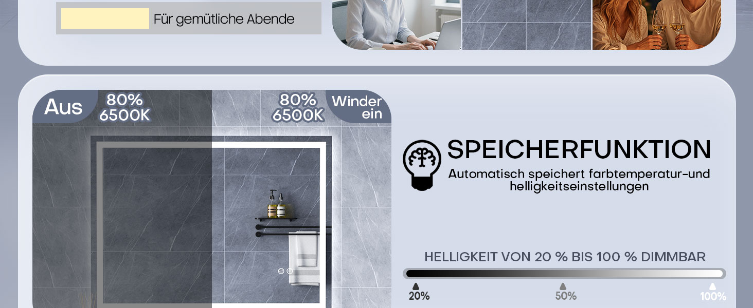 Дзеркало для ванної кімнати HySail з підсвічуванням, 5 мм, висока роздільна здатність, срібне скло, 3 колірні температури, регульована яскравість, сенсорний вимикач, антизапарник, 80 x 60 см