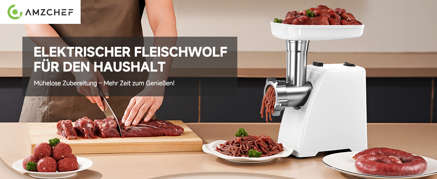 М'ясорубка електрична AMZCHEF для дому з 3 насадками, пристроєм для ковбас та набором для куббе | Ідеально для фаршу, ковбасок та домашньої кухні (біла)