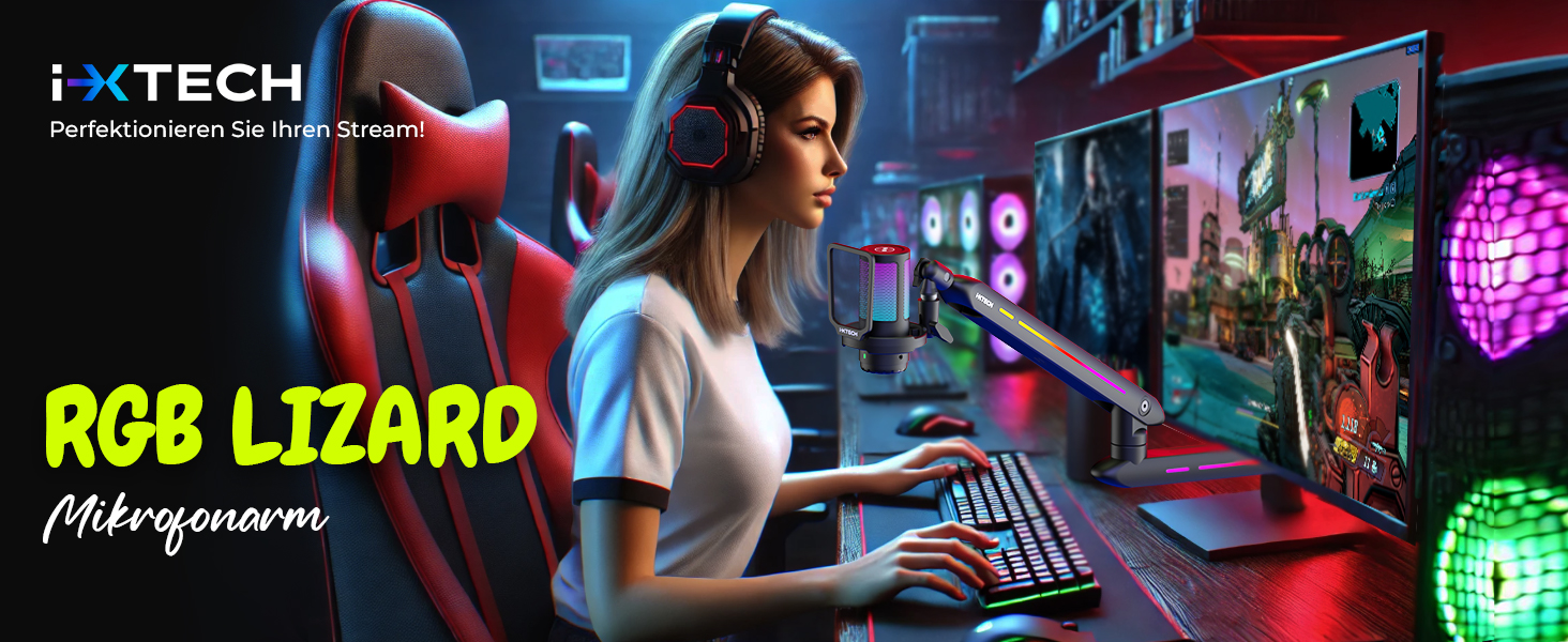 Кріплення для мікрофона IXTECH RGB Low Profile з регулюванням, настільний стійка з кріпленням, поворотний мікрофонний тримач з кабельною організацією для стрімінгу та подкастів, 4 ящірки RGB