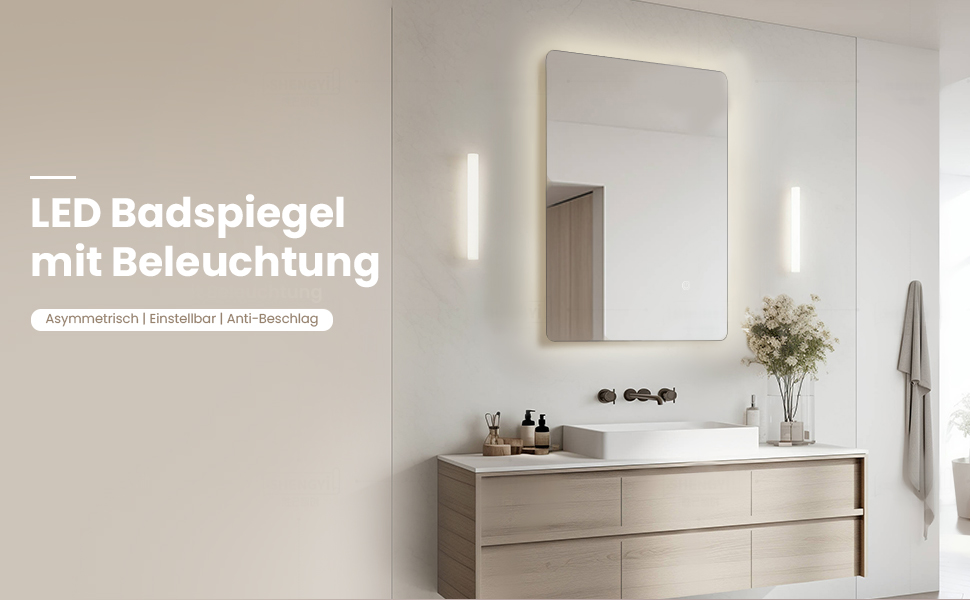 Дзеркало для ванної кімнати LED 50x70 см з підсвічуванням, сенсорне керування, регулювання яскравості, 3 кольори світла, без рамки