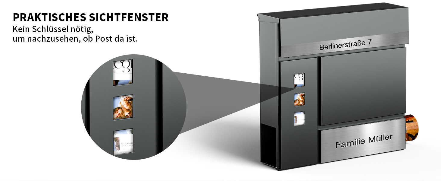 Поштовий ящик Anthrazit з гравіюванням, персоналізований, нержавіюча сталь, з відділенням для газет та замком (2 ключі) | Поштовий ящик з іменним шильдиком та номером будинку