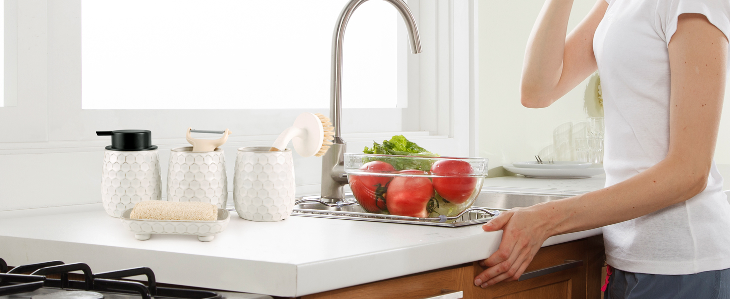 Набір для ванної кімнати: органайзер з кераміки (4 шт.) - дозатор мила 400 мл, стакан для зубної щітки, мильниця, декор преміум-якість (бежевий)