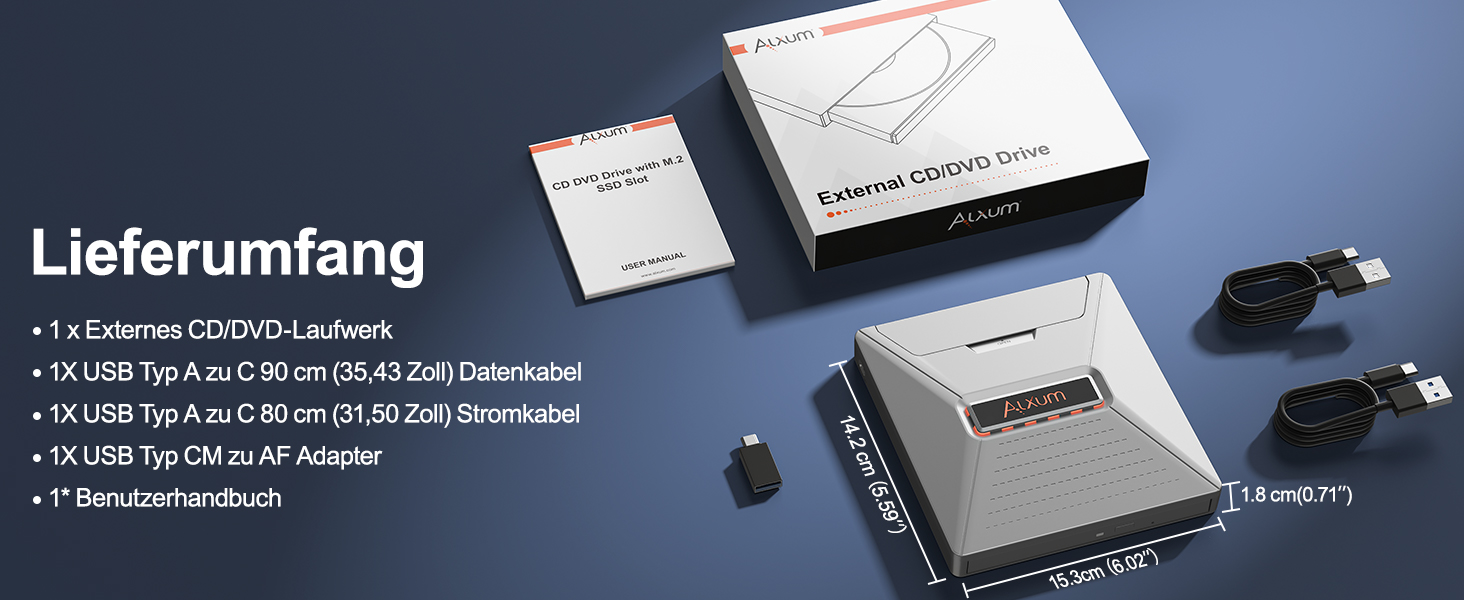 Зовнішній DVD-привід Alxum USB-C 3.0 та USB: CD/DVD плеєр і записувач для ноутбука з картридером SD/TF та додатковим USB-портом, Plug & Play, чорний
