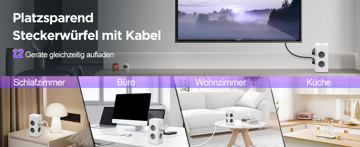 Мережевий фільтр з 4 розетками та 4 USB-портами, настінний, 4000W, 16A, з перетворювачем напруги, білий