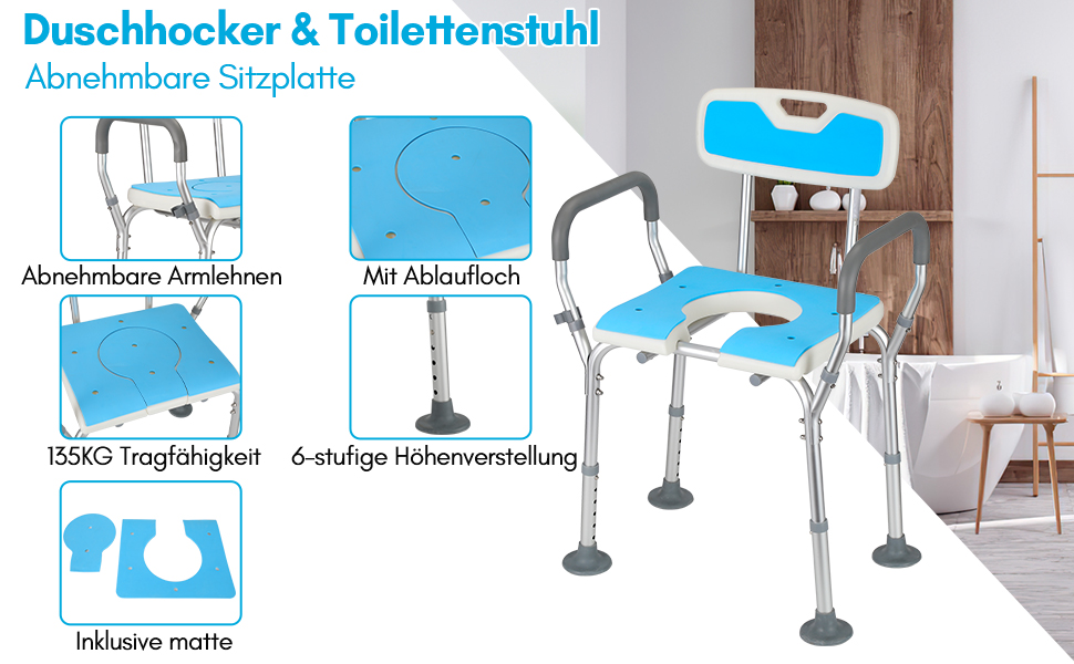 Sonnewelt Shower Stool, 7-Adjustable Height, Bath Stool with Anti-Slip Feet, Stable Shower Stool for the Shower with U-Shaped Hygiene Opening (Type K 3-in-1)
